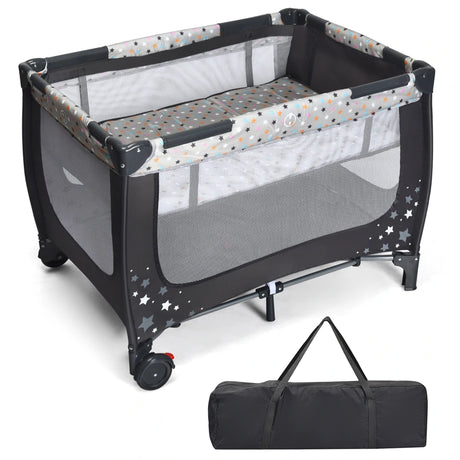 2-in-1 Foldable Baby Playpen with Lockable Wheels and Mattress-Grey