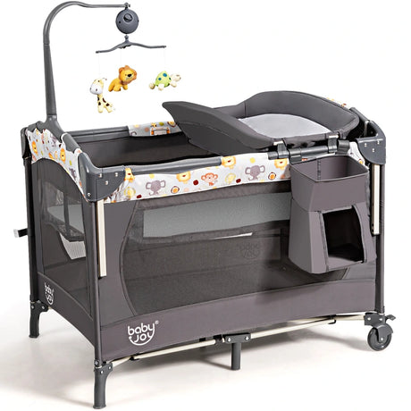 3-in-1 Foldable Baby Travel Cot with Changing Tab and Mattress-Grey