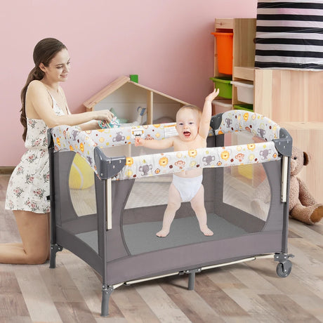 3-in-1 Foldable Baby Travel Cot with Changing Tab and Mattress-Grey