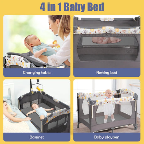 3-in-1 Foldable Baby Travel Cot with Changing Tab and Mattress-Grey