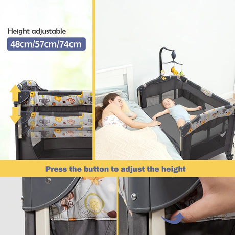 3-in-1 Foldable Baby Travel Cot with Changing Tab and Mattress-Grey