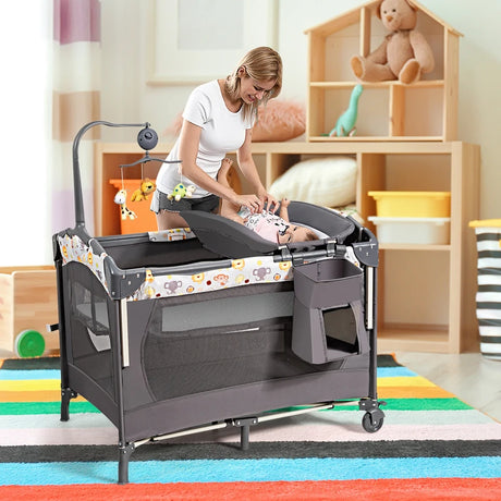 3-in-1 Foldable Baby Travel Cot with Changing Tab and Mattress-Grey