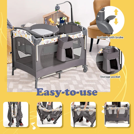 3-in-1 Foldable Baby Travel Cot with Changing Tab and Mattress-Grey