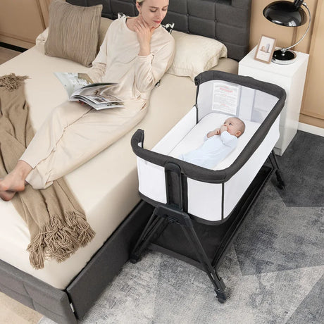 Baby Bedside Crib with Mattress for Birth to 9kg-Grey