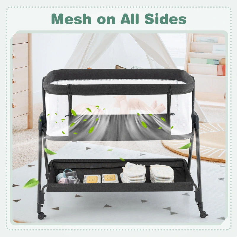 Baby Bedside Crib with Mattress for Birth to 9kg-Grey