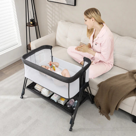 Baby Bedside Crib with Mattress for Birth to 9kg-Grey