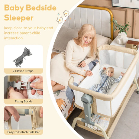 Baby Bassinet with Net with 6 Adjustable Heights-Beige