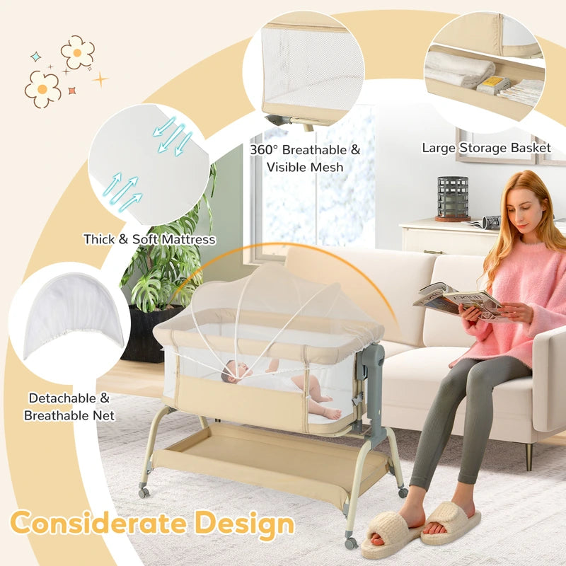 Baby Bassinet with Net with 6 Adjustable Heights-Beige