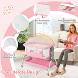 Baby Bassinet with Net with 6 Adjustable Heights-Pink