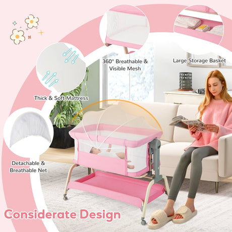 Baby Bassinet with Net with 6 Adjustable Heights-Pink