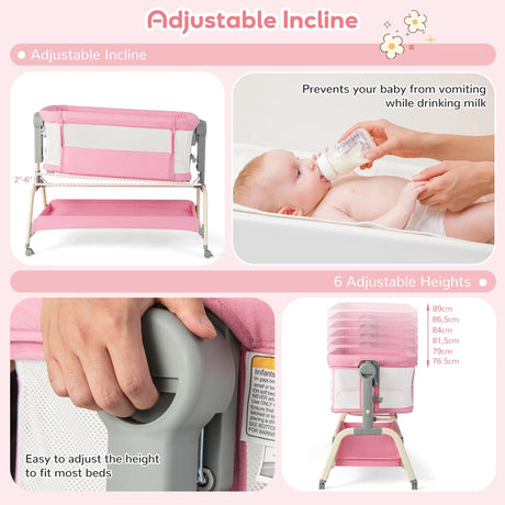 Baby Bassinet with Net with 6 Adjustable Heights-Pink