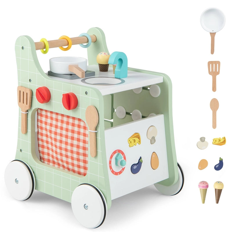 6-in-1 Wooden Baby Stroller with Play Kitchen for Kids Over 12 Months-Green