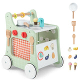 6-in-1 Wooden Baby Stroller with Play Kitchen for Kids Over 12 Months-Green