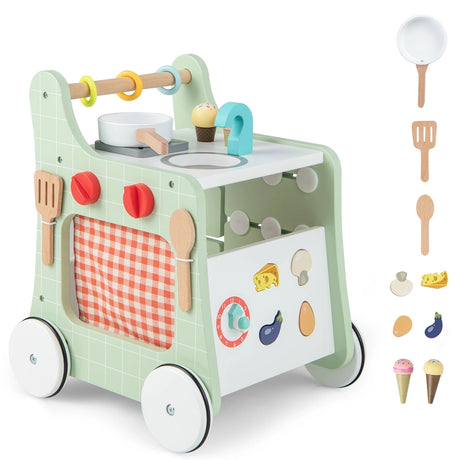6-in-1 Wooden Baby Stroller with Play Kitchen for Kids Over 12 Months-Green