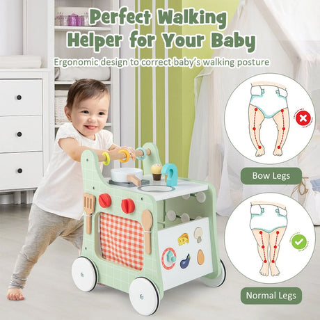 6-in-1 Wooden Baby Stroller with Play Kitchen for Kids Over 12 Months-Green