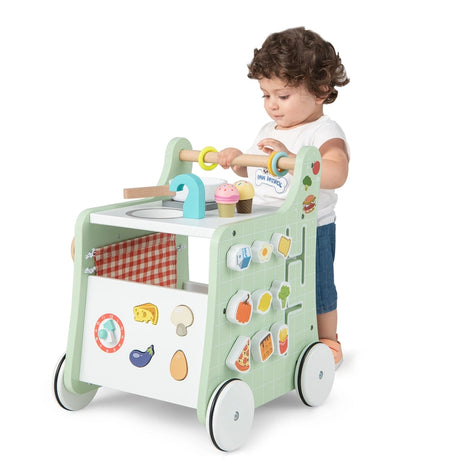 6-in-1 Wooden Baby Stroller with Play Kitchen for Kids Over 12 Months-Green