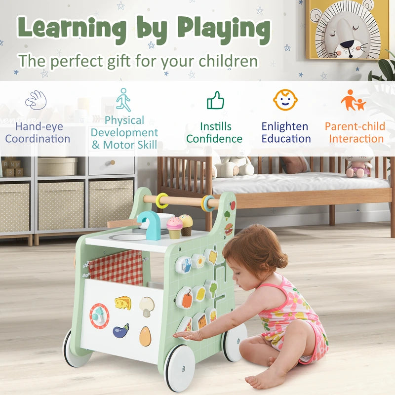 6-in-1 Wooden Baby Stroller with Play Kitchen for Kids Over 12 Months-Green