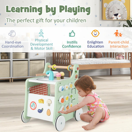 6-in-1 Wooden Baby Stroller with Play Kitchen for Kids Over 12 Months-Green