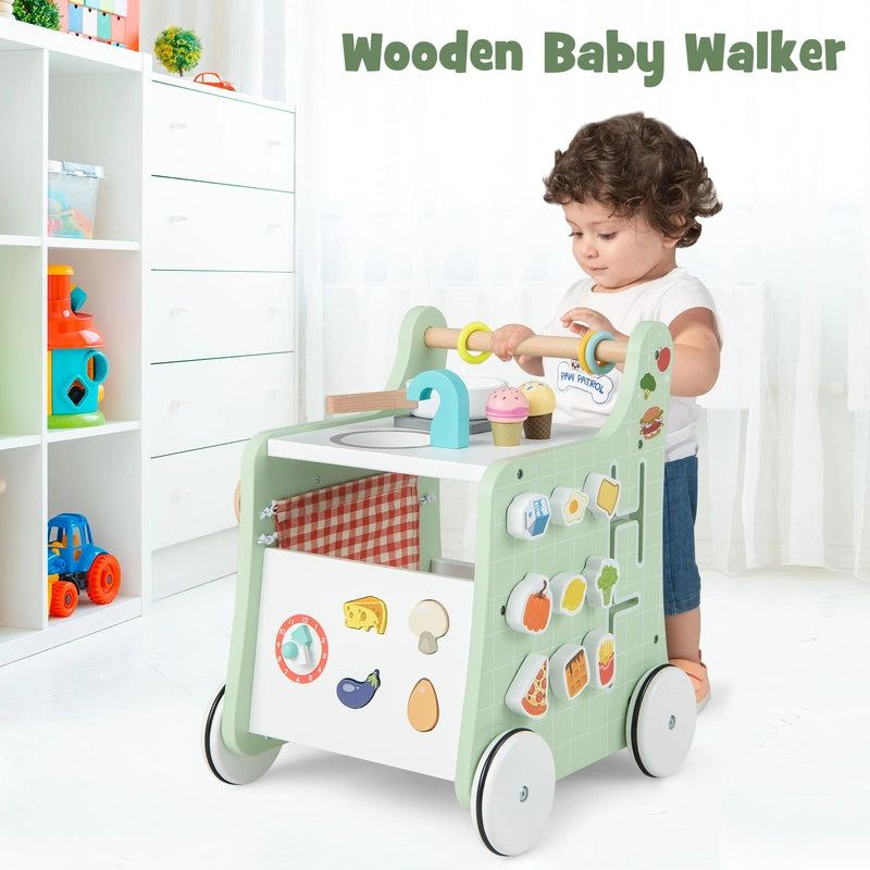 6-in-1 Wooden Baby Stroller with Play Kitchen for Kids Over 12 Months-Green