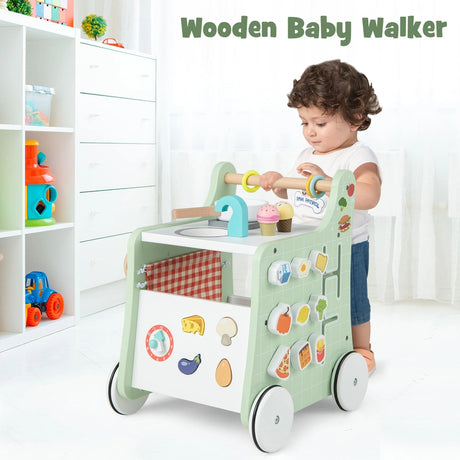 6-in-1 Wooden Baby Stroller with Play Kitchen for Kids Over 12 Months-Green