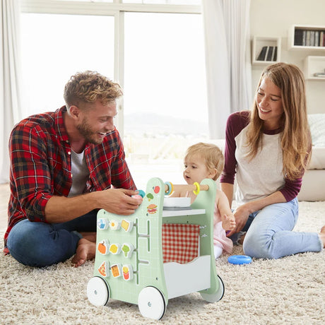 6-in-1 Wooden Baby Stroller with Play Kitchen for Kids Over 12 Months-Green