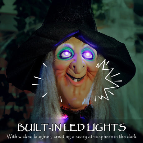Outsunny 183 cm Life Size Halloween Animated Hanging Witch with Glowing LED Eyes & Body, Spooky Witch Scary Halloween Decorations, Battery Operated, Indoor Party Props