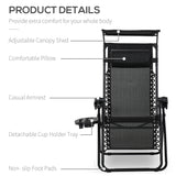 Outsunny 2 Piece Foldable Reclining Garden Chair with Headrest, Zero Gravity Deck Sun Lounger Seat Chair with Footrest, Armrest, Cup Holder & Canopy Shade, Black