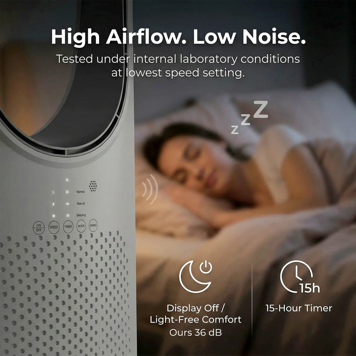 HOMCOM Bladeless Tower Fan for Bedroom, 36dB Standing Cooling Fan with Oscillating, 3 Speeds, 3 Modes, 15H Timer, White