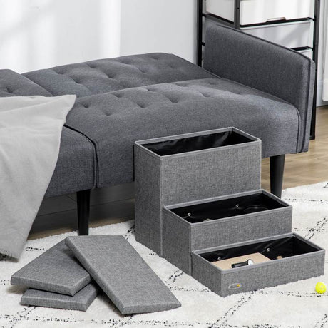 PawHut 3 Steps Pet Stairs, with Storage Boxes, for Bed, Couches - Grey