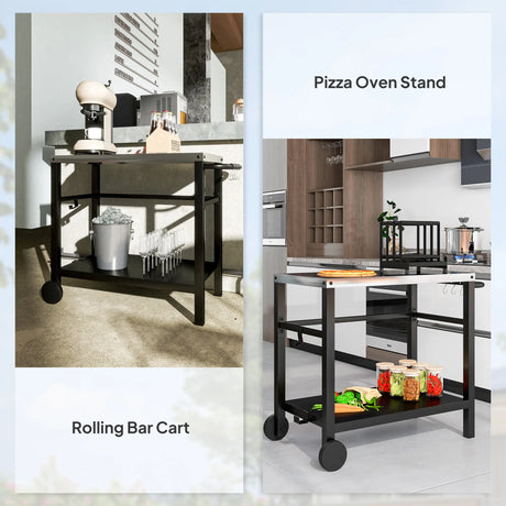Outsunny Outdoor Grill Dining Cart 2-Shelf Movable Pizza Oven Table Stand with Stainless Steel Top, Portable BBQ Trolley Food Prep Outdoor Kitchen Barbecue Station with Hooks Wheels, Charcoal Grey