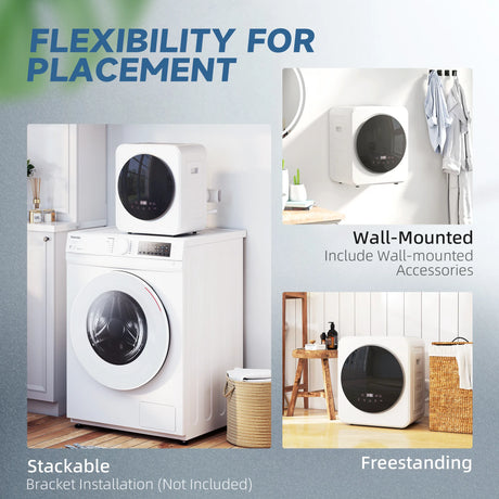 HOMCOM 4 kg Vented Tumble Dryer, 800W Compact Freestanding Front Tumble Dryer with Stainless Steel Tub and Customisable Timer, Wall-Mounted Portable Small Clothes Drying Machine, White