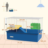 PawHut Chinchillas Small Rabbit Guinea Pig Small Animal Cage, Pet Playhouse, with Platform, Ramp, 71 x 46 x 47cm, Blue