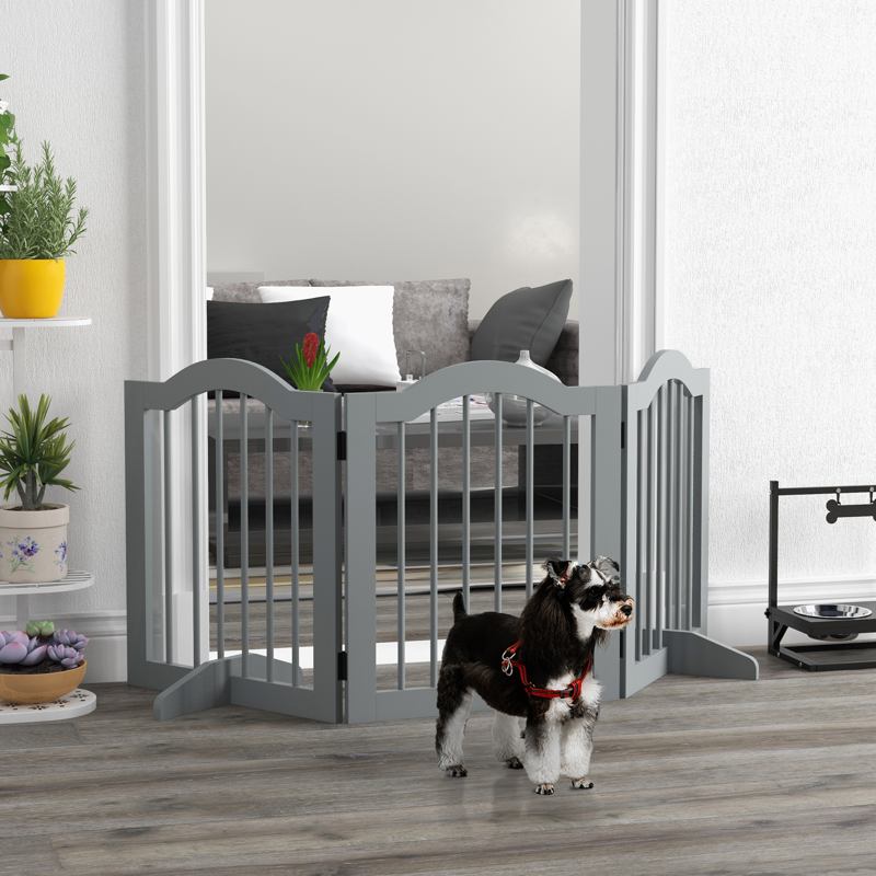 PawHut 3 Panels Dog Gate w/ Support Feet Fence Safety Barrier Freestanding Wood Light Grey