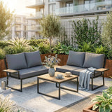 Outsunny 4 Seater Metal Garden Furniture Set, Corner Garden Sofa Set with 2 Loveseats, 2 Nesting Tables, Arm Side Trays, Teak