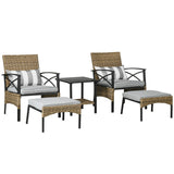 Outsunny 5 Piece PE Rattan Garden Furniture Set, 2 Armchairs,2 Stools, Steel Tabletop with Wicker Shelf, Padded Outdoor Seating, Grey