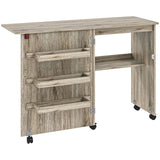 HOMCOM Folding Sewing Table, Drop Leaf Craft Table with Storage Bins, Open Shelf and Wheels, Rolling Sewing Machine Cabinet Computer Desk for Small Space, Grey