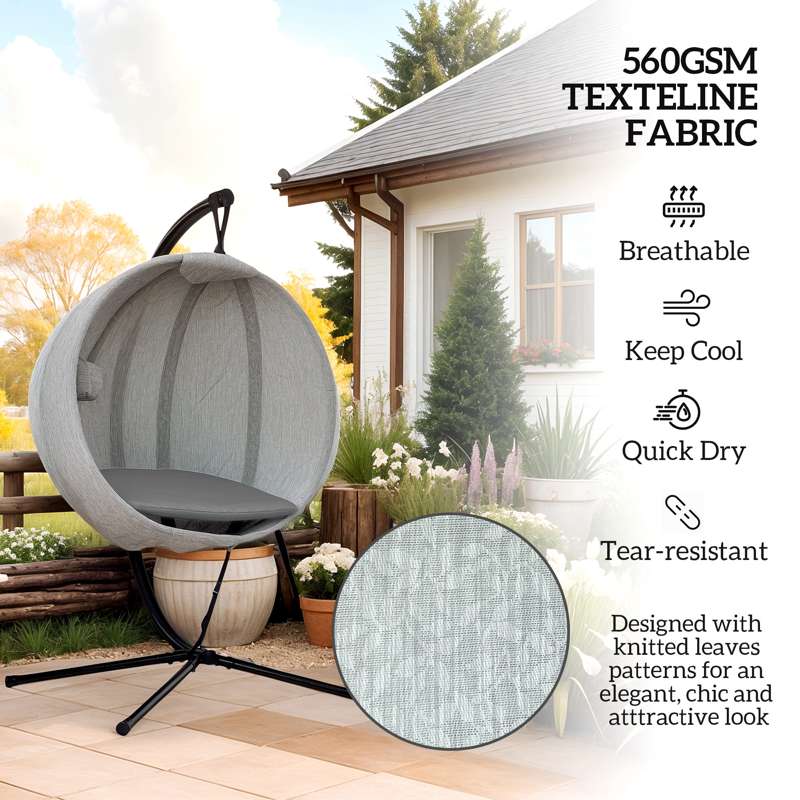 Outsunny Hanging Egg Chair Outdoor Indoor Garden Swing Chair with Folding Basket, Garden Hanging Chair with Stand, Thickened Cushion, Cup Holder for Patio, Balcony, Grey