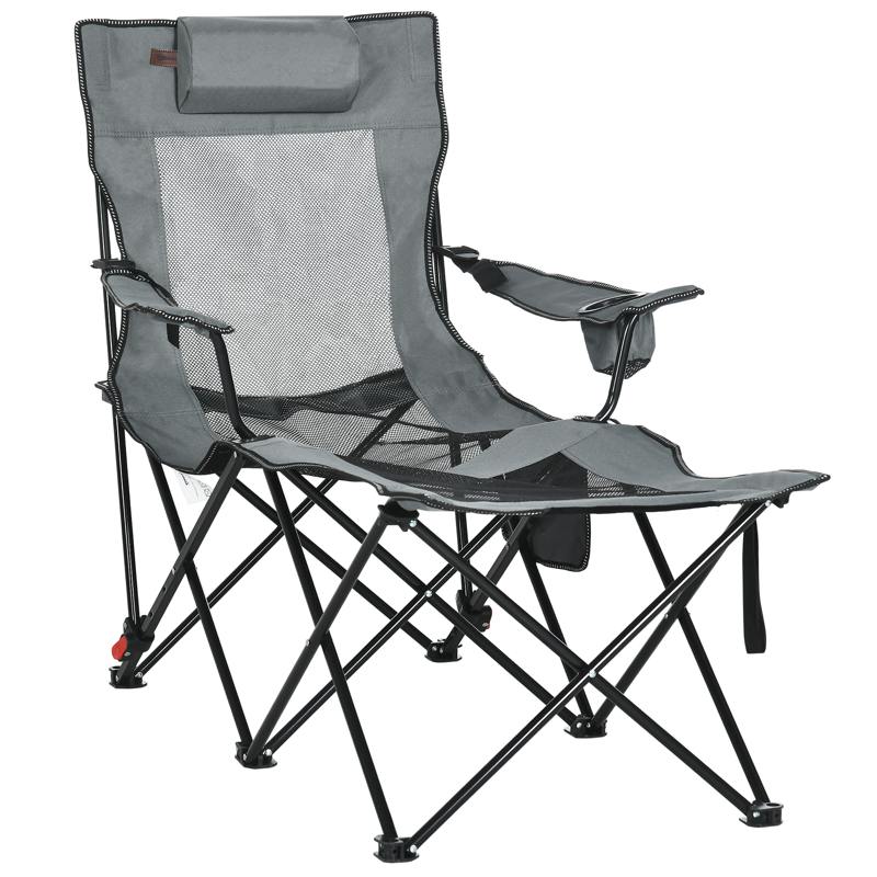 Outsunny Foldable Reclining Garden Chairs with Footrest and Adjustable Backrest, Portable Camping Chair with Headrest, Cup Holder, Side Pocketand Carry Bag for Outdoor, Grey