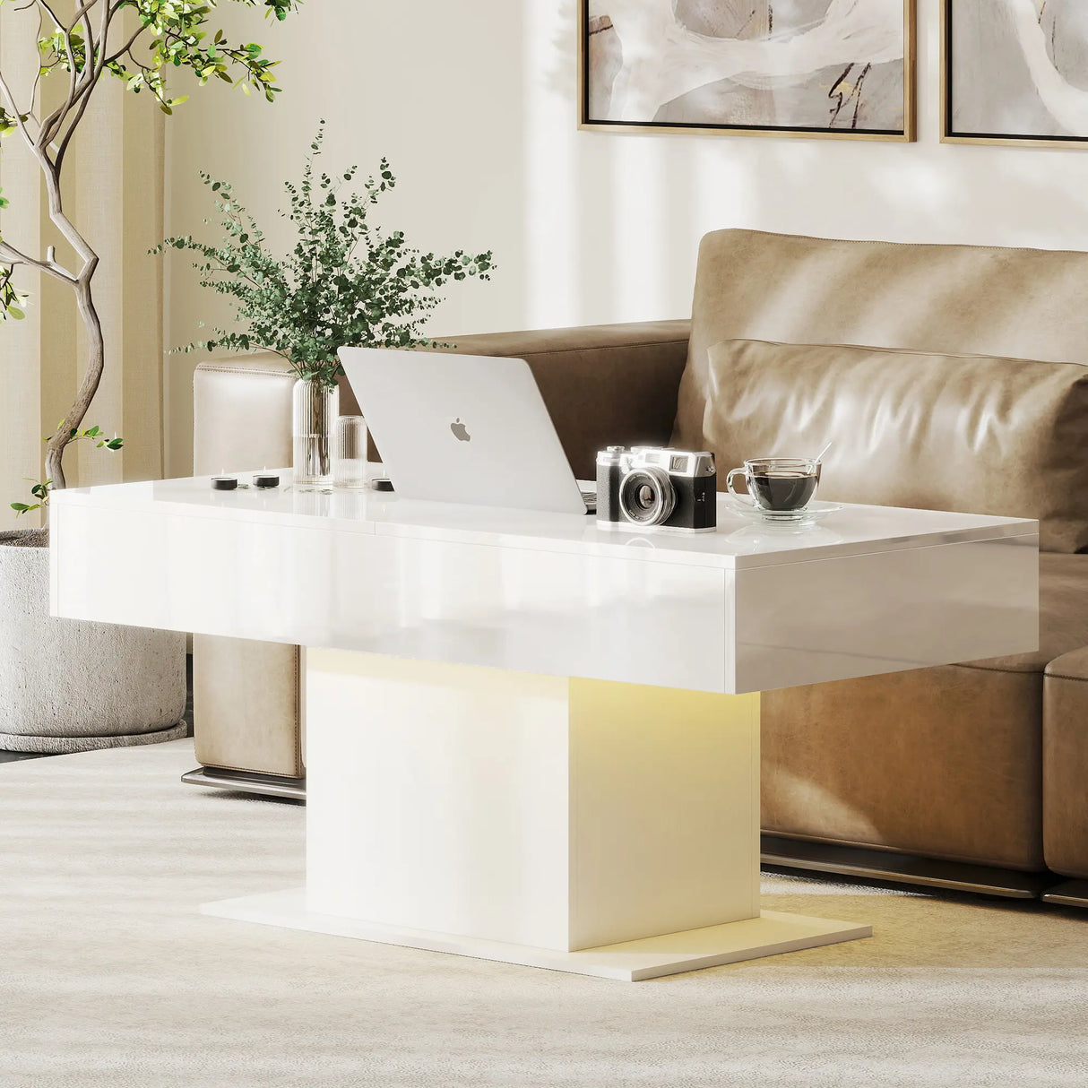 HOMCOM Extendable Coffee Table with LED Lights and Storage - High Gloss White