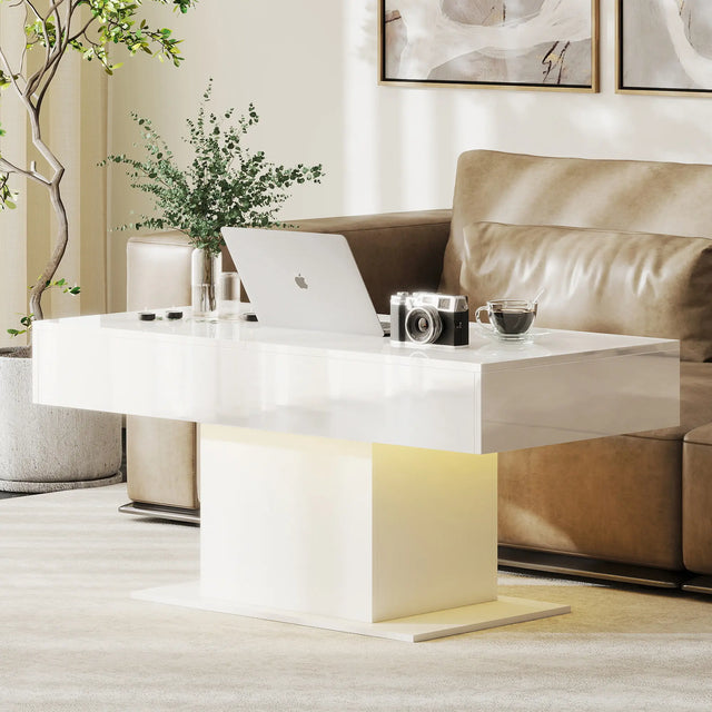 HOMCOM Extendable Coffee Table with LED Lights and Storage - High Gloss White