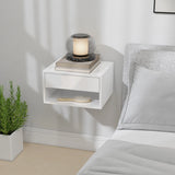 HOMCOM Set of Two Floating Bedside Tables, Wall Mounted Nightstand with Drawer and Open Shelf, High Gloss White
