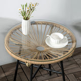 Outsunny Rattan Side Table, Round Outdoor Coffee Table, with Round PE Rattan and Tempered Glass Tabletop for Patio, Garden, Balcony, Beige