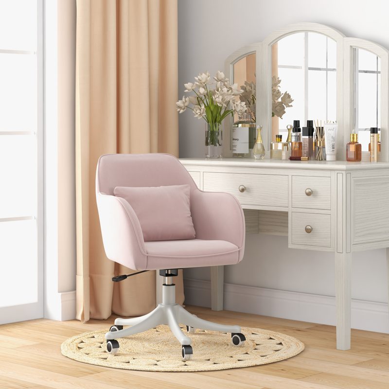 Vinsetto Velvet Office Chair, Desk Chair, Makeup Vanity Chair with Massage Lumbar Pillow and Rolling Wheels for Bedroom and Home, Pink