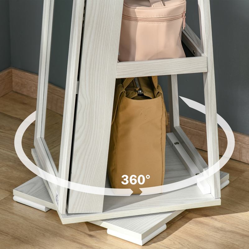 HOMCOM 360 Swivel Jewellery Cabinet with Full Length Mirror, Lockable Jewellery Organiser with Built-in Makeup Mirror and Storage Shelves for Bedroom, White