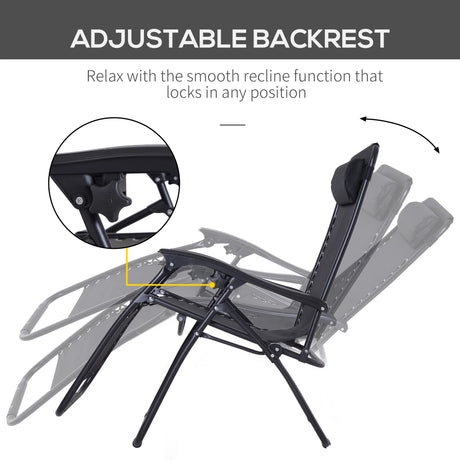 Outsunny Zero Gravity Chair Set of 2, Metal Frame Texteline Armchair Outdoor Folding and Reclining Sun Lounger with Head Pillow for Patio Decking Gardens Camping, Black