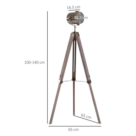 HOMCOM Industrial Tripod Floor Lamp, Nautical Searchlight with Adjustable Height, Wood Legs, E12 Lamp Base for Living Room, Bedroom, Grey and Bronze