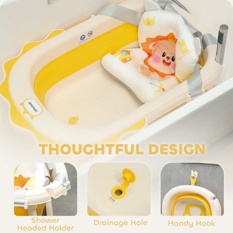 AIYAPLAY Foldable Baby Bath Tub Set with Bath Cushion, Wash Basin, Non-slip Stand & Bottom, Yellow