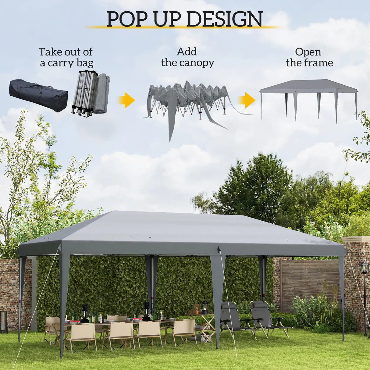 Outsunny Pop Up Gazebo 3 x 6m, Foldable Canopy Tent, Height Adjustable Wedding Awning Canopy w/ Carrying Bag, Grey