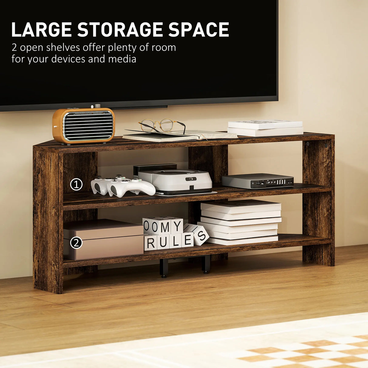 HOMCOM Corner TV Stand with 2 Open Shelves for 47 Inch TV - Rustic Brown