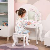 HOMCOM Kids Vanity Table and Chair Set with Tri-Folding Mirror and Stool, Makeup Dressing Table with Drawer, White